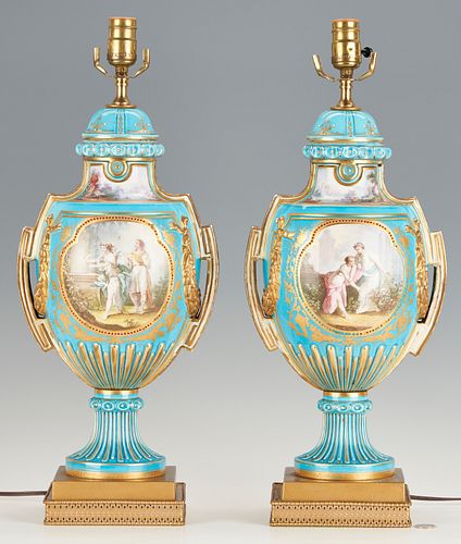 PAIR SEVRES STYLE PORCELAIN URNS,