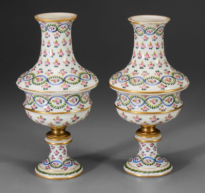 Pair Sevres style urns: rose and