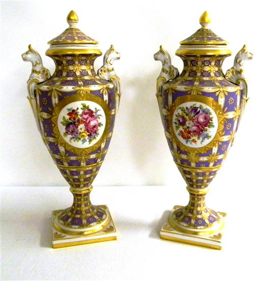 Pair Sevres type covered urns  gilt