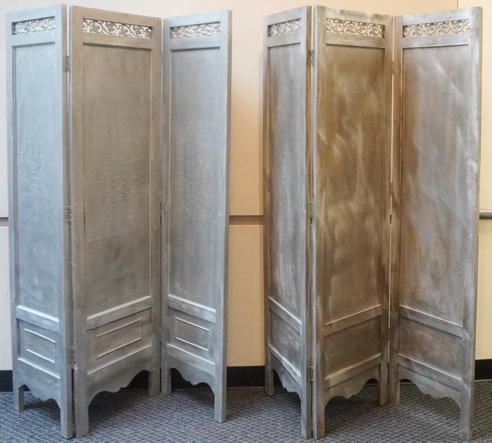 PAIR SILVER PAINTED WOOD THREE-FOLD