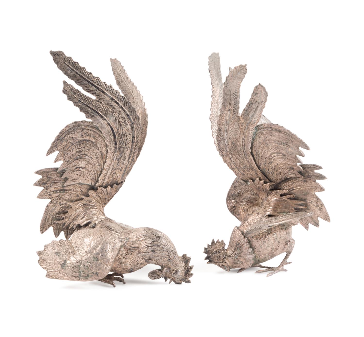 PAIR SILVERED FIGHTING ROOSTERS