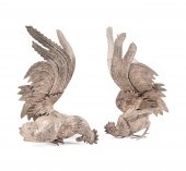 PAIR SILVERED FIGHTING ROOSTER