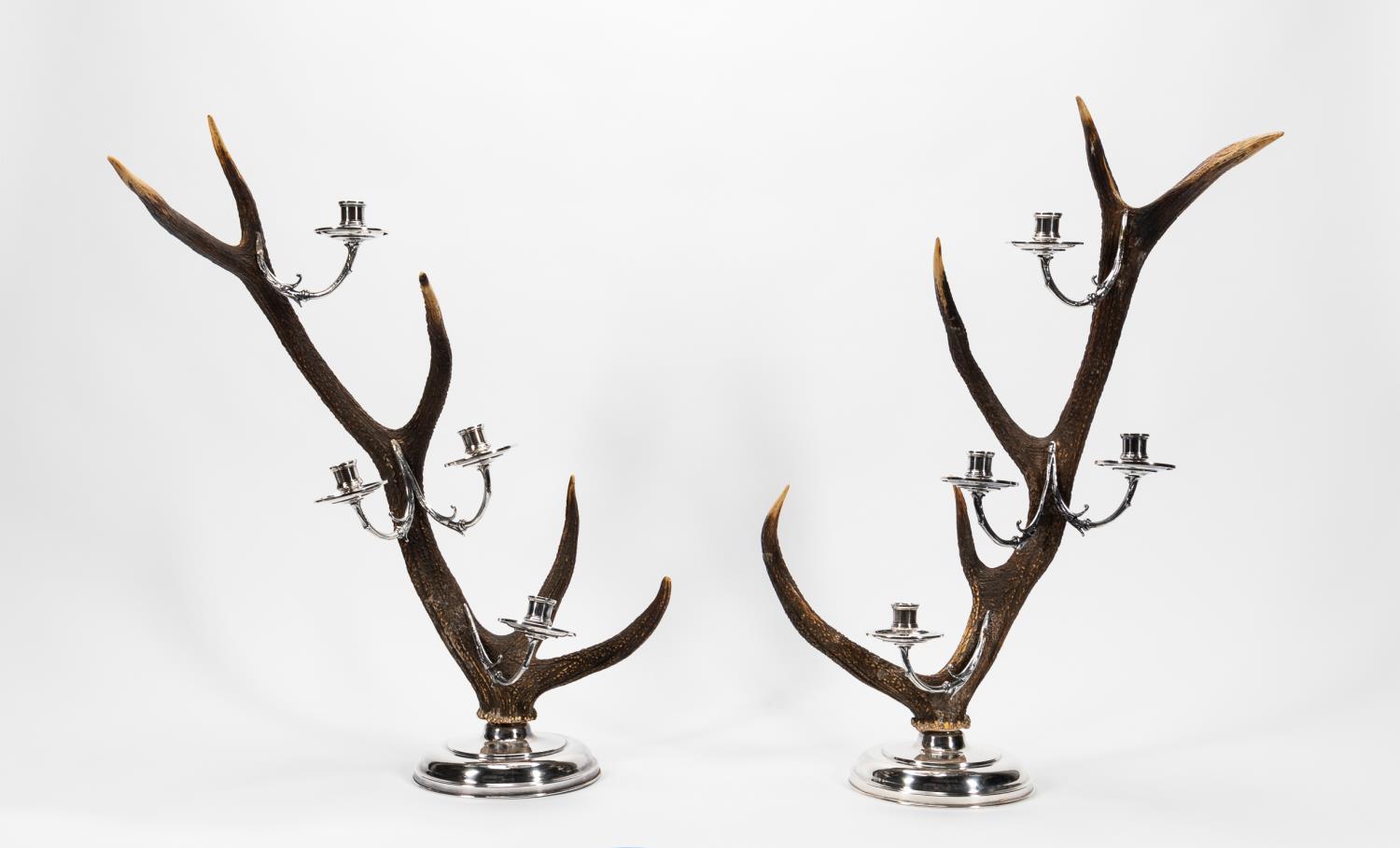 PAIR, SILVERPLATE & ANTLER FOUR