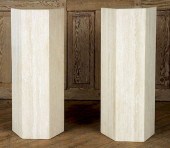 PAIR SIX-SIDED TRAVERTINE PEDE