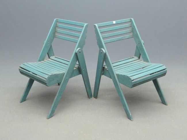 Pair slat chairs in blue paint.