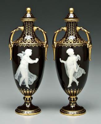 Pair Solon pate-sur-pate urns: