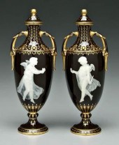 Pair Solon pate-sur-pate urns: