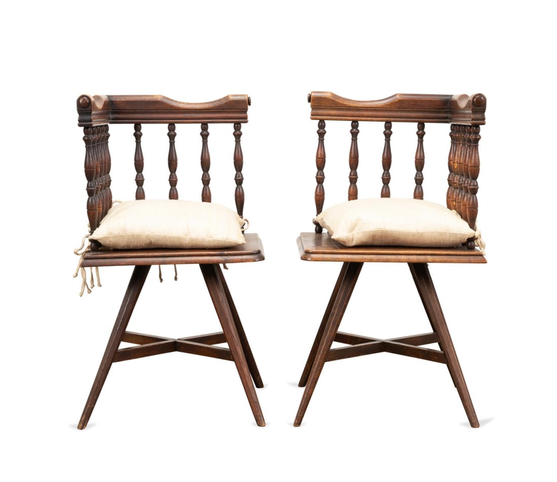 PAIR SPINDLE BACK OAK CORNER CHAIRS