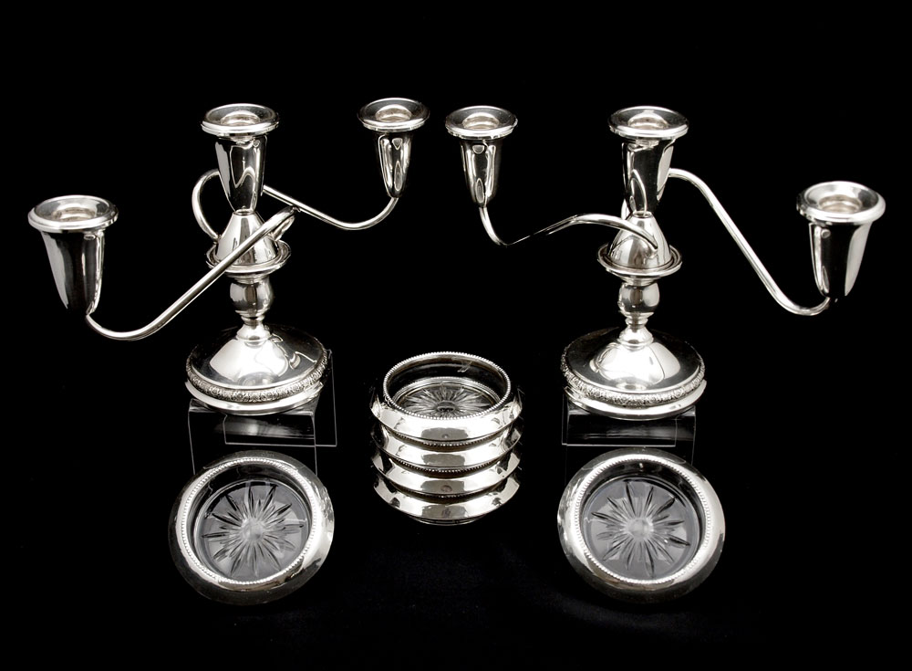 PAIR STERLING CANDELABRA & 6