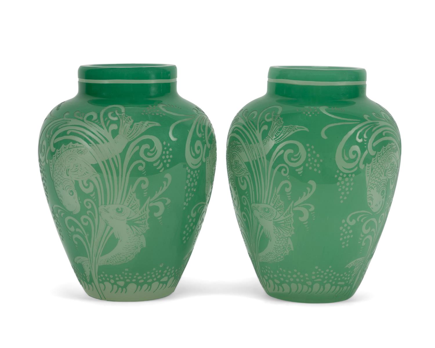 PAIR STEUBEN STYLE GLASS "FISH'
