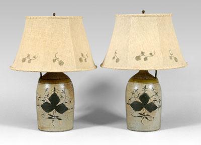 Pair stoneware jugs, painted