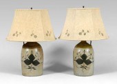 Pair stoneware jugs, painted s