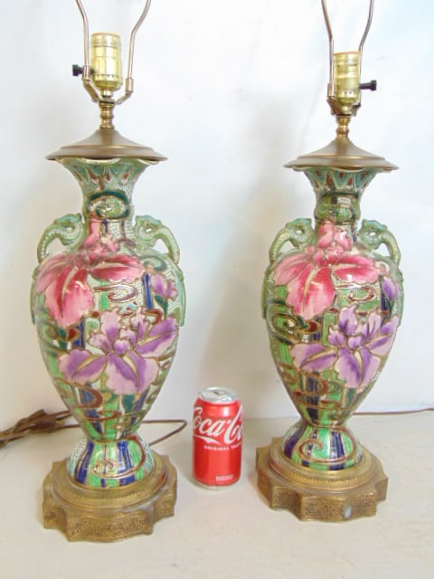 PAIR TABLE LAMPS, FLORAL DECORATED,