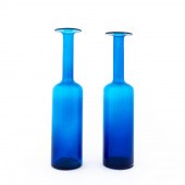 PAIR, TALL BLUE ART GLASS BOTT