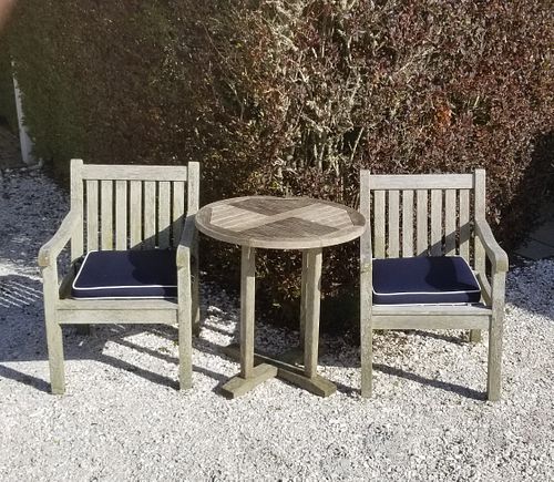 PAIR TEAK ARMCHAIRS AND ROUND