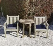 PAIR TEAK ARMCHAIRS AND ROUND