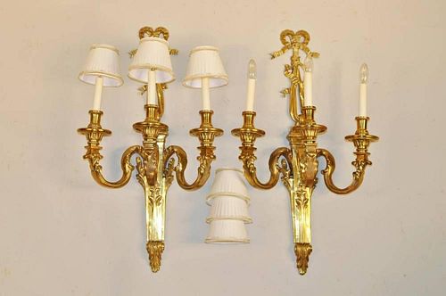 PAIR THREE ARM BRASS SCONCES