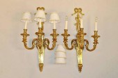 PAIR THREE ARM BRASS SCONCES W