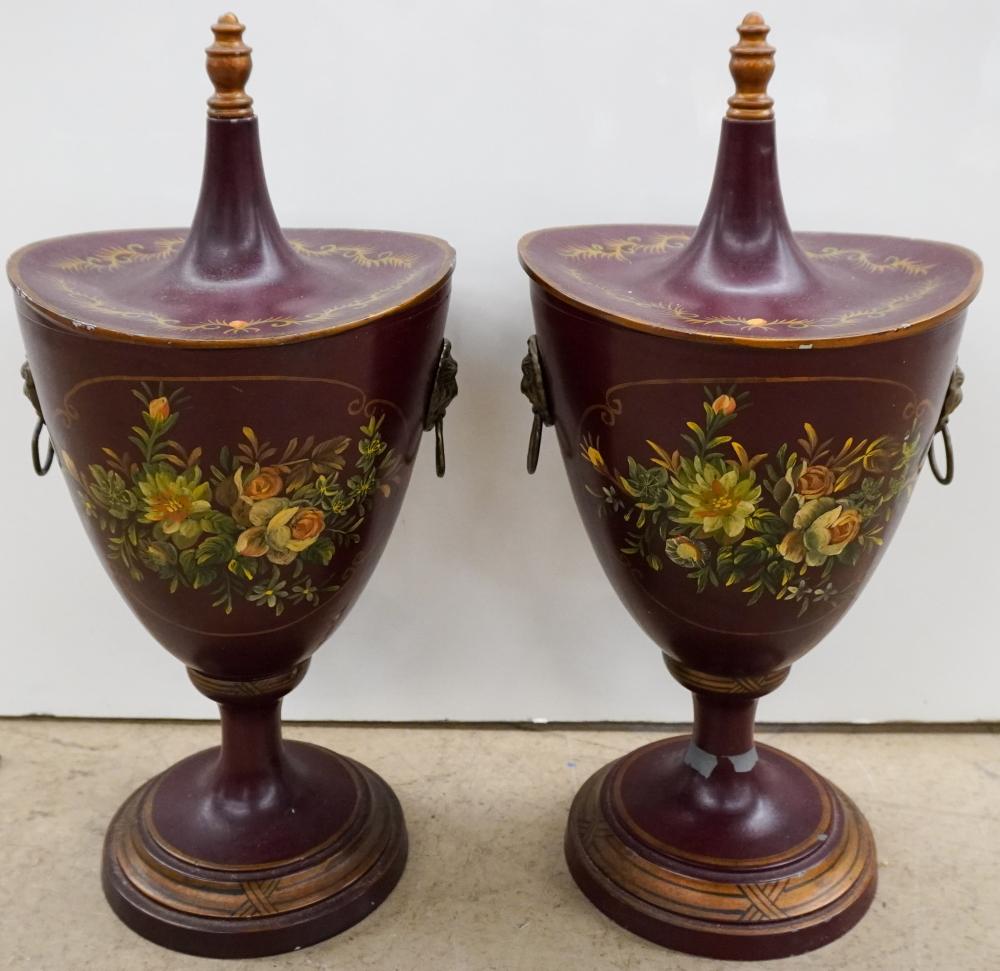 PAIR TOLE DECORATED MANTLE URNS, H: