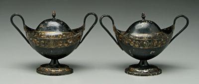 Pair toleware urns: gilt vines