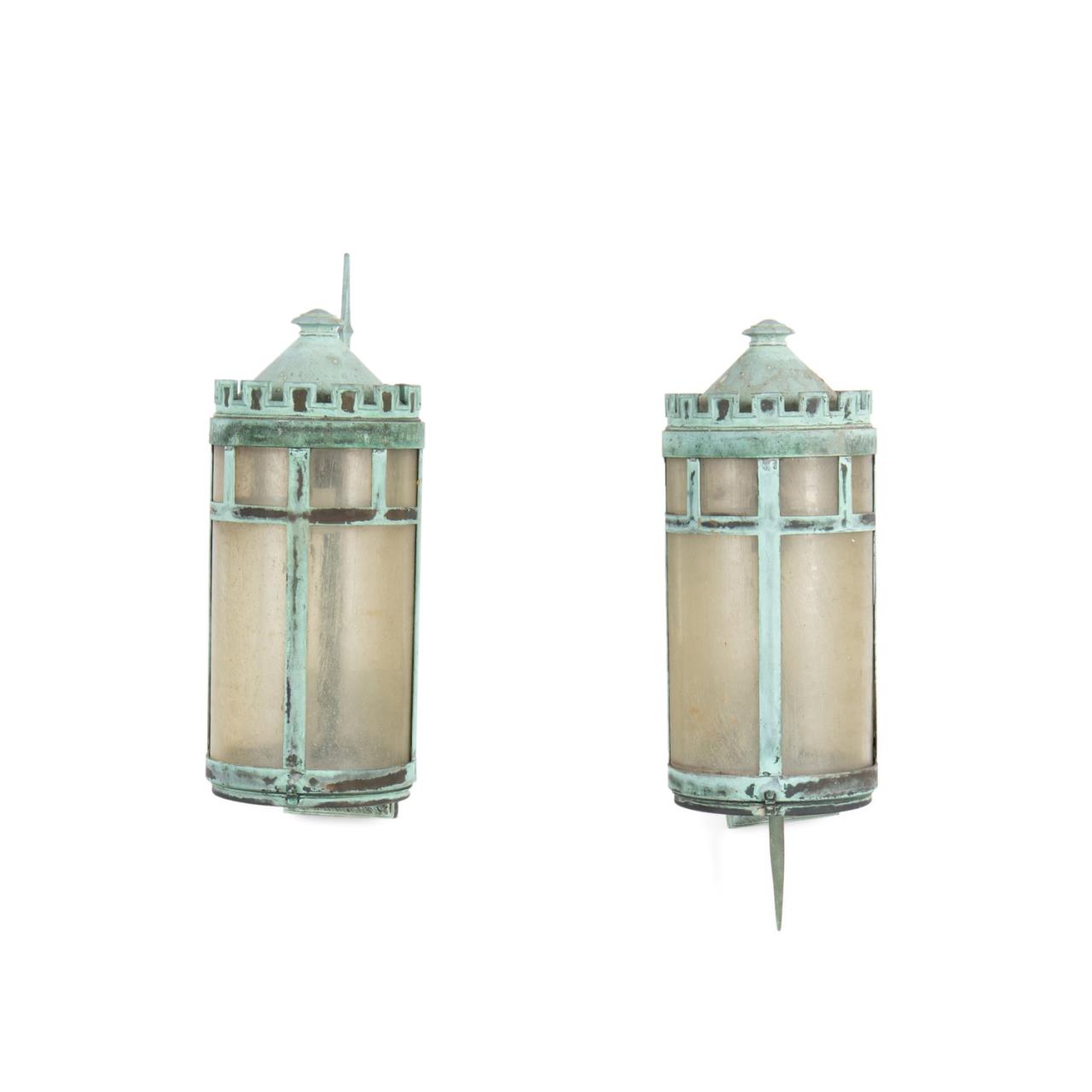 PAIR TUDOR REVIVAL BRONZE LANTERNS,