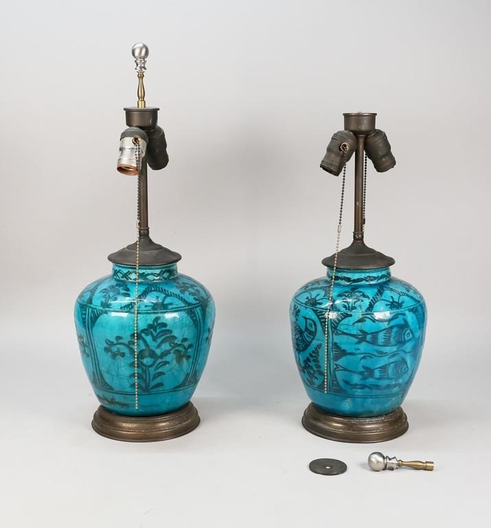 PAIR TURQUOISE GLAZE ART POTTERY