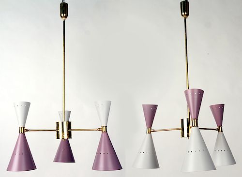 PAIR TWO-TONE 3 ARM CHANDELIERS