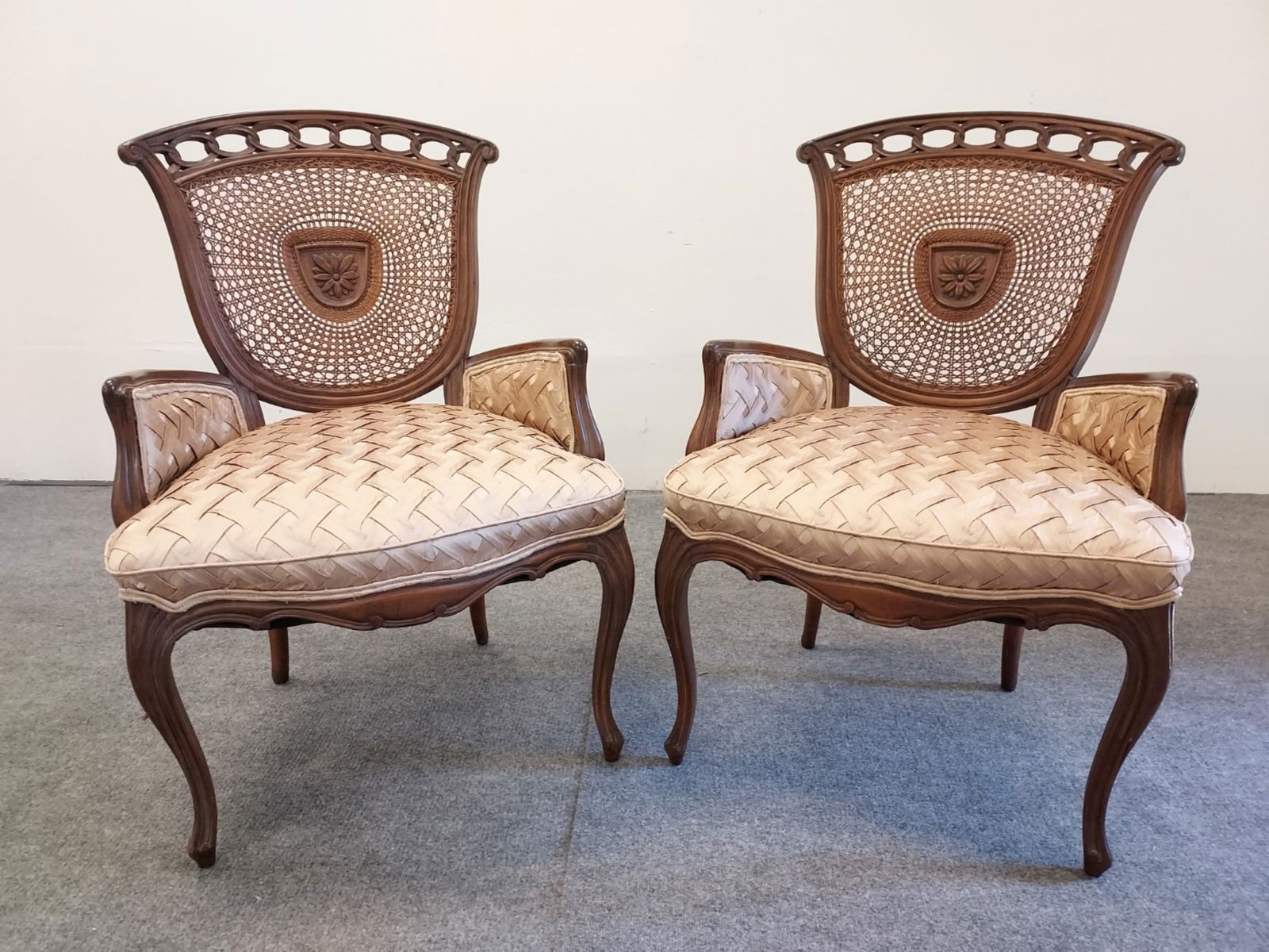 PAIR UNIQUE CARVED WOOD & CANE