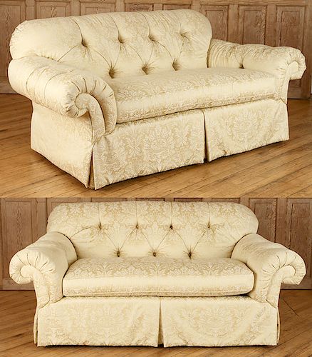 PAIR UPHOLSTERED TUFTED SOFAS BY