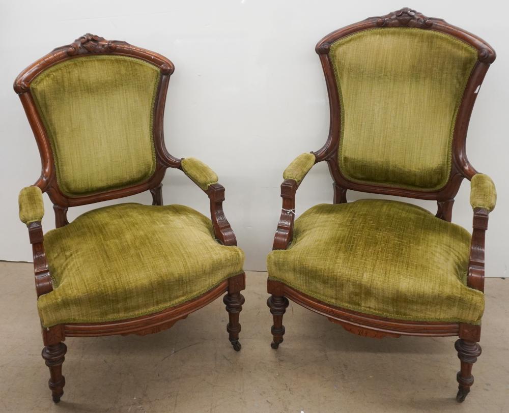 PAIR VICTORIAN WALNUT UPHOLSTERED