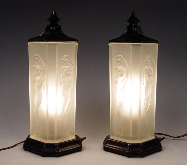 PAIR VINTAGE DECO SATIN GLASS