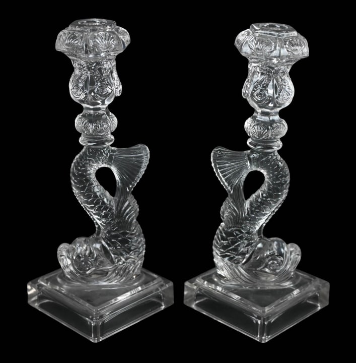 PAIR VINTAGE MMA DOLPHIN FORM GLASS