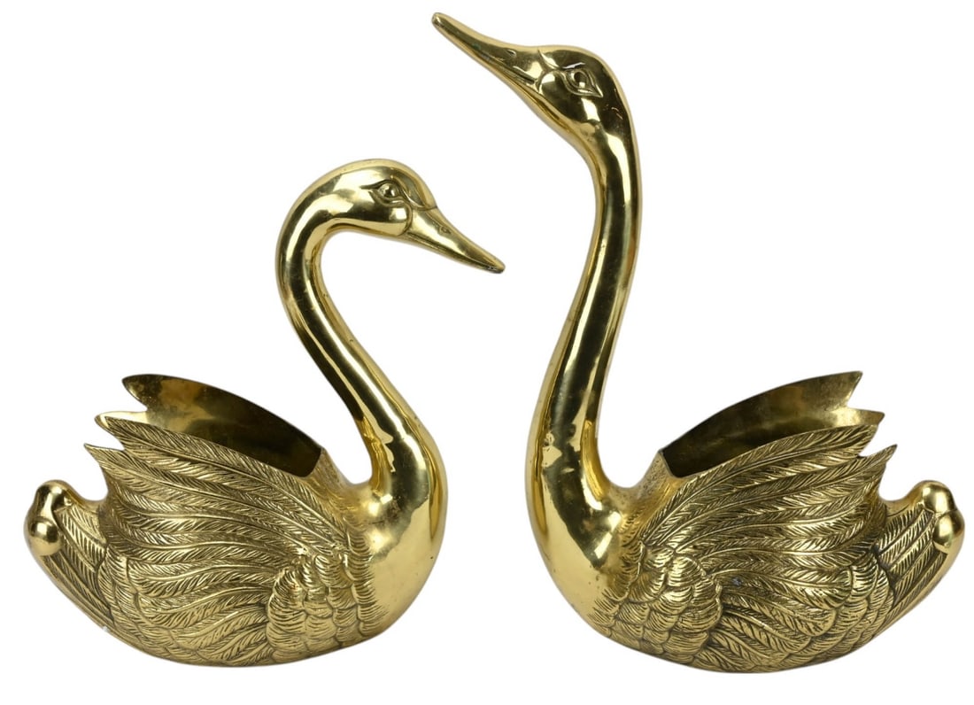 PAIR VINTAGE POLISHED BRASS SWAN