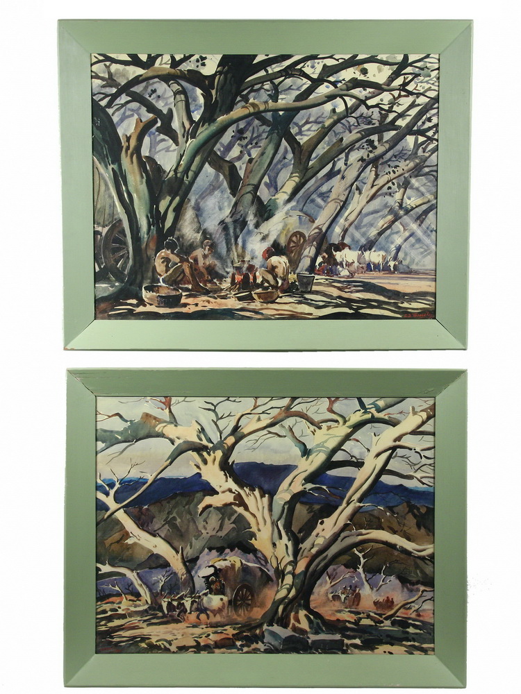 PAIR W/C'S ON SILK - 'Bullock Cart'
