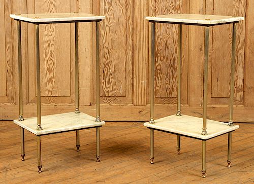 PAIR WHITE MARBLE BRASS TWO TIER