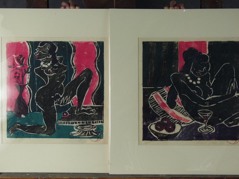 PAIR WOODCUTS- Two female nudes one