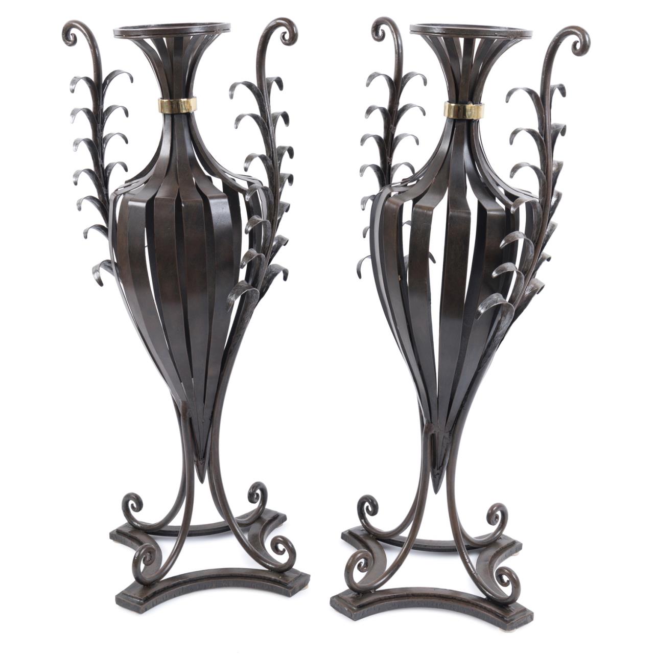 PAIR, WROUGHT IRON 'FERN' URNS Pair