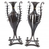 PAIR, WROUGHT IRON 'FERN' URNS