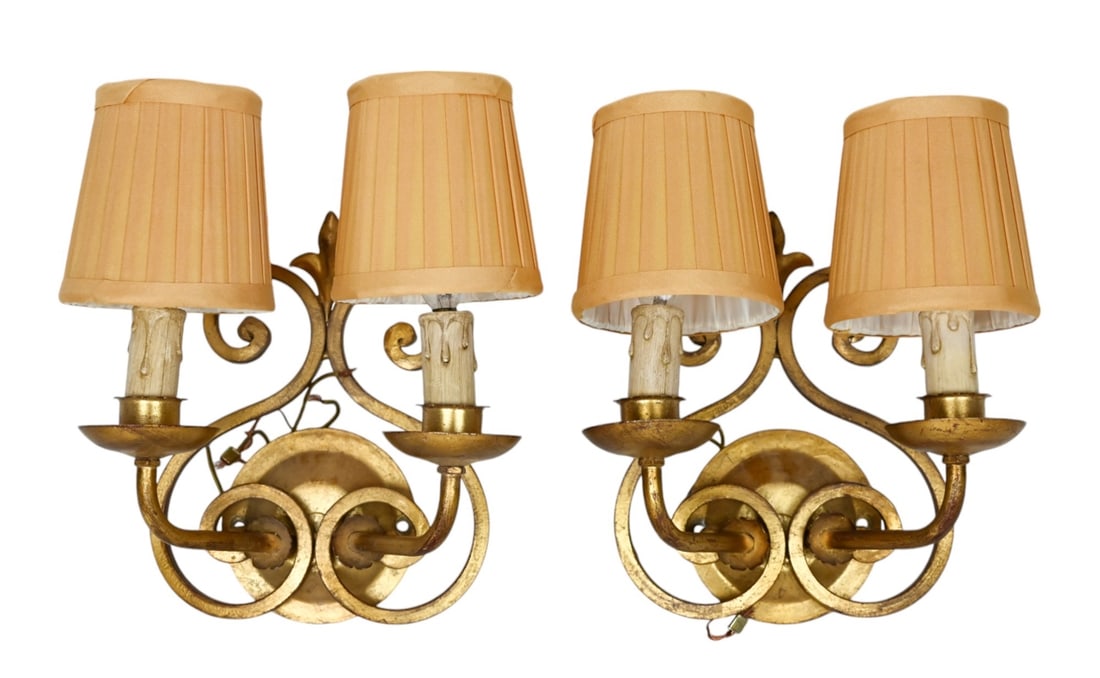 PAIR WROUGHT IRON & TOLE GILT