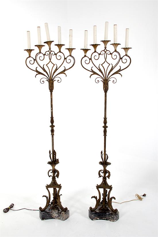 Pair wrought iron torcheres
