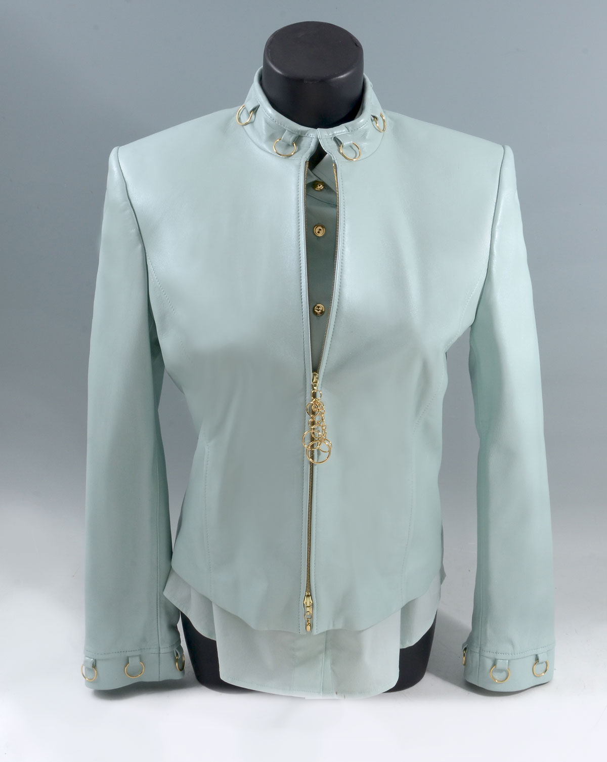 PALE AQUA LEATHER JACKET & BLOUSE