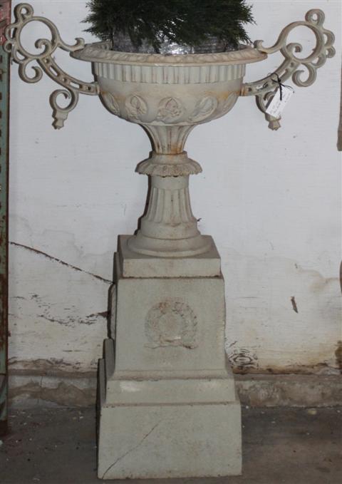 PALE GREEN PAINTED CAST IRON URN ON