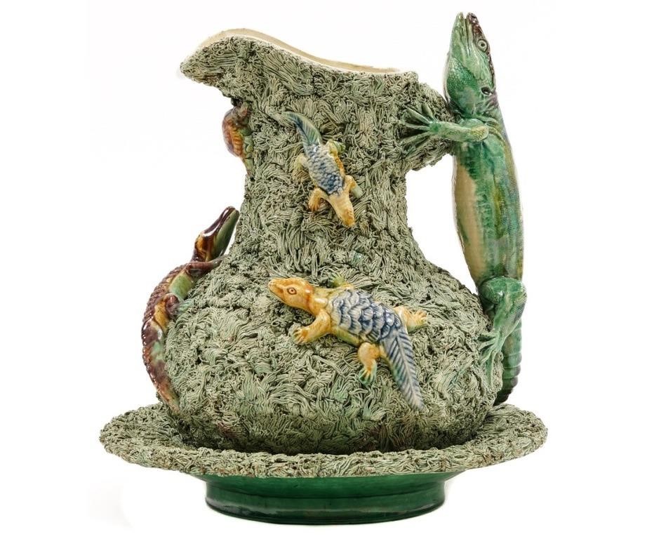 Palissy ware pitcher and bowl
