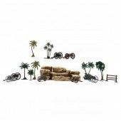 PALM TREES, A ROCKY OUTCROP AN