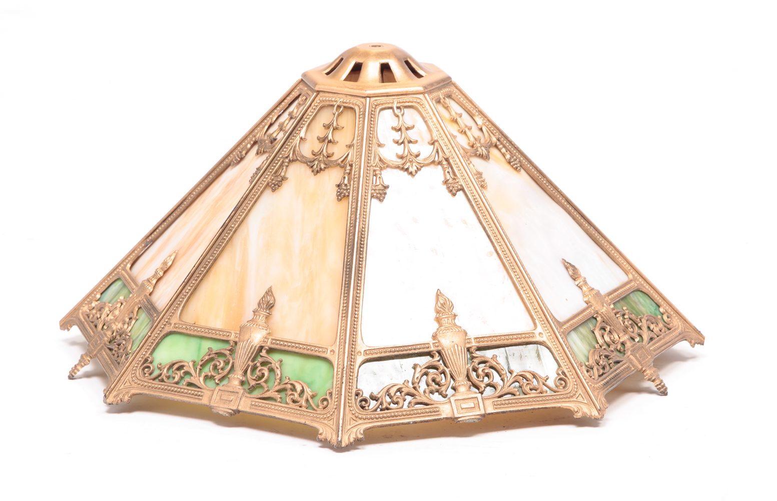 PANELED SLAG GLASS LAMP SHADE.