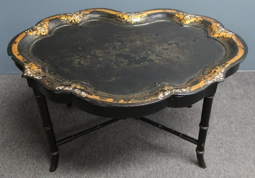 Papier mache black and gilt tray,