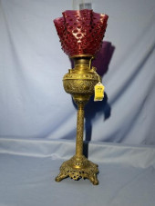 PARLOR LAMP, BRASS, CRANBERRY