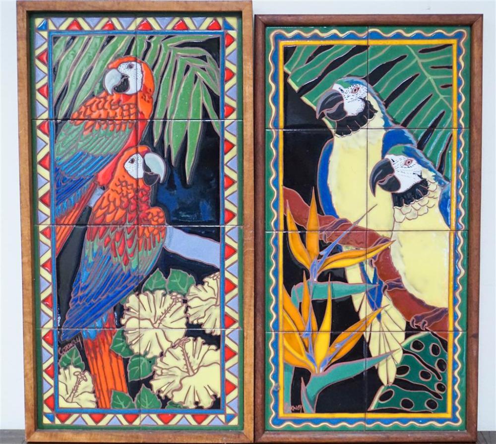 PARROTS, TWO DECORATED TILES,