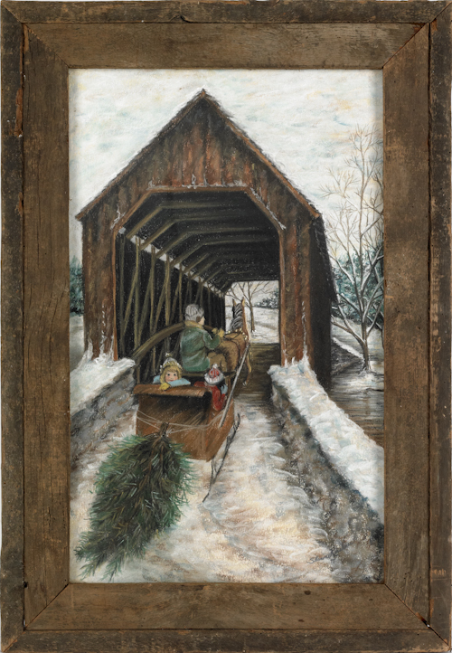 Pastel on paper snow scene of a