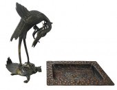 PATINATED BRONZE CRANE ON TORT